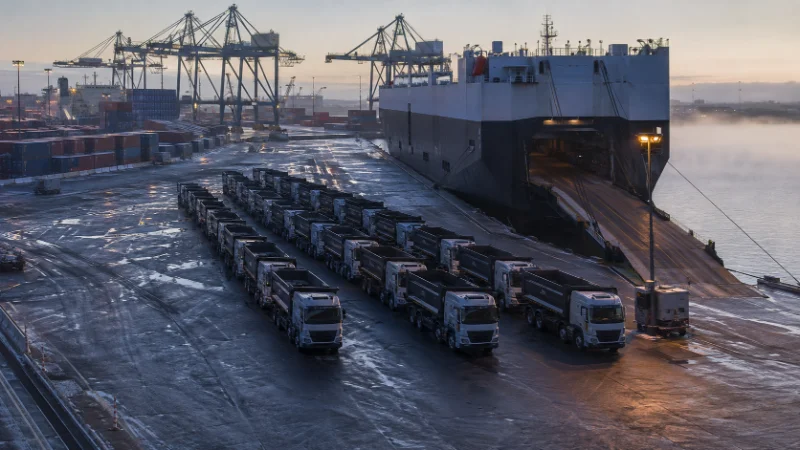 Los camiones volquetes se estacionaban en un puerto antes del envío roll-on, donde empiezan a acumularse los cargos de coste de desembarco