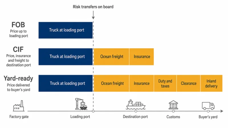 Diagrama de barras apiladas comparando tres bases de precios para exportación, mostrando el aumento del coste desde la puerta de la fábrica hasta el depósito del comprador.