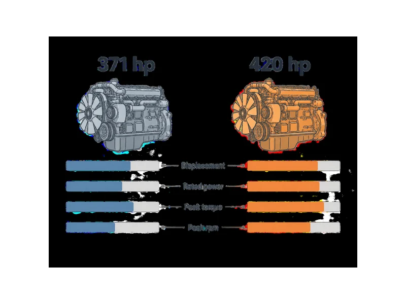 Diagrama comparativo de especificaciones del motor del camión volquete 371 vs 420: cilindrada, potencia nominal, par máximo y rpm