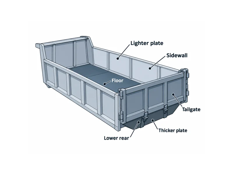Sección transversal del material de la caja de un camión volquete HOWO, con las zonas y espesores de la placa de piso, los laterales y la compuerta trasera