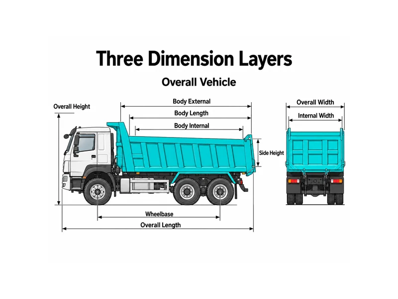 Diagrama de dimensiones del camión volquete HOWO que compara las dimensiones totales con las dimensiones externas e interiores de la caja de carga