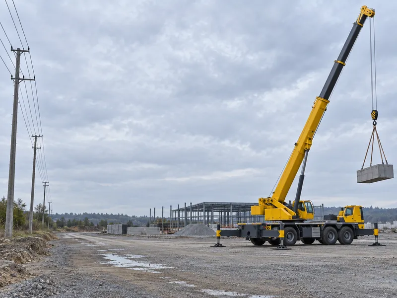 Grúa sobre camión HOWO izando en una obra de construcción con los estabilizadores desplegados y una distancia de seguridad adecuada respecto a las líneas eléctricas aéreas