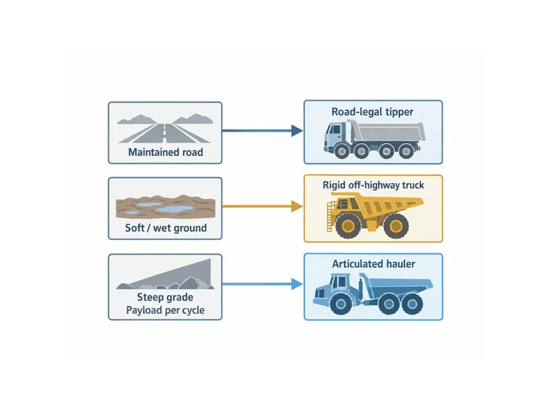 Diagrama que relaciona la clase de camión volquete Shacman con las condiciones del camino de acarreo, la pendiente y la carga útil para la minería