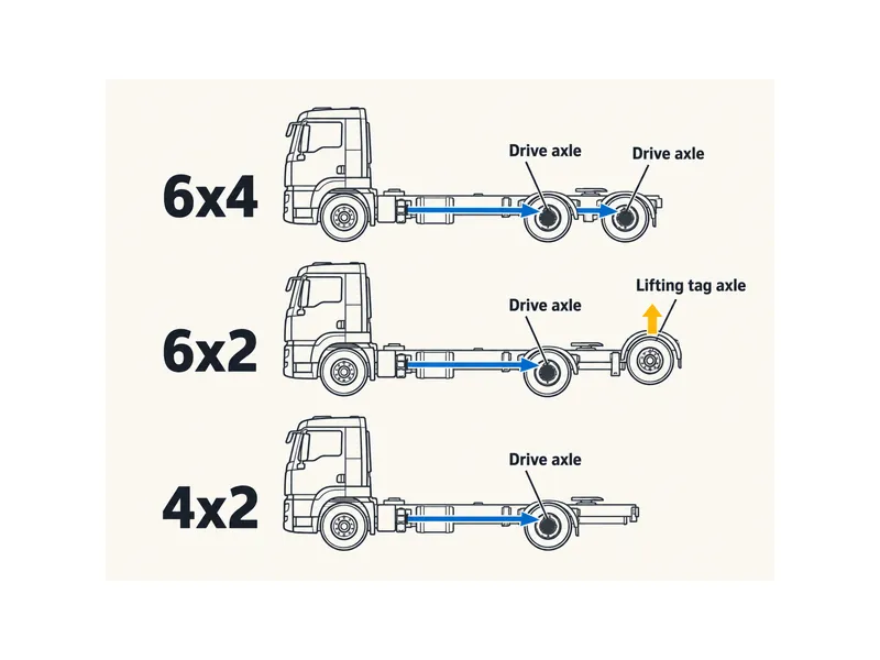 Comparación de configuraciones de tracción del tractocamión Sitrak C7H: una 6x4 con dos ejes traseros motrices, una 6x2 con eje de elevación y una 4x2 con un solo eje motriz